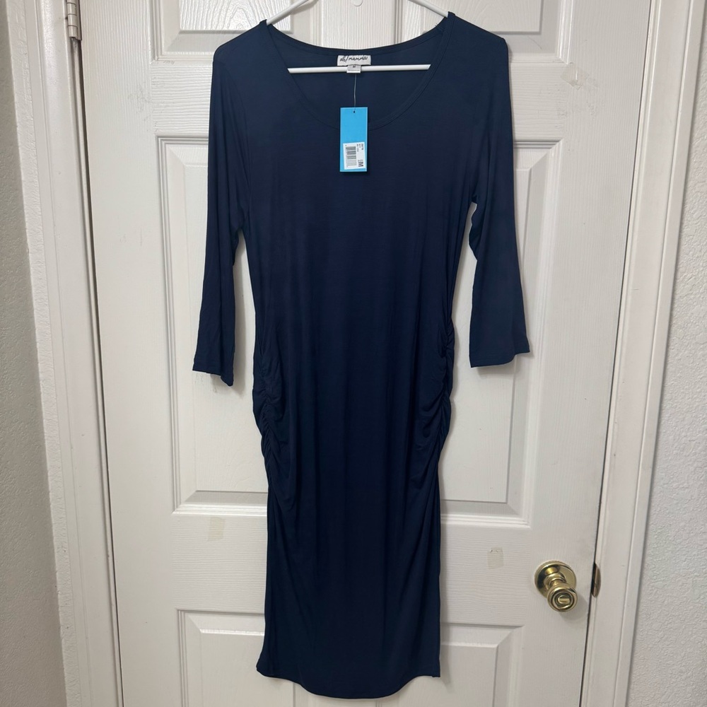 Oh Mamma Maternity Midi Dress Navy Blue Size Medium 3/4 Sleeve ScoopNeck Ruched